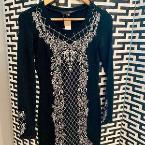 Black and off white embroidered mini sweater dress